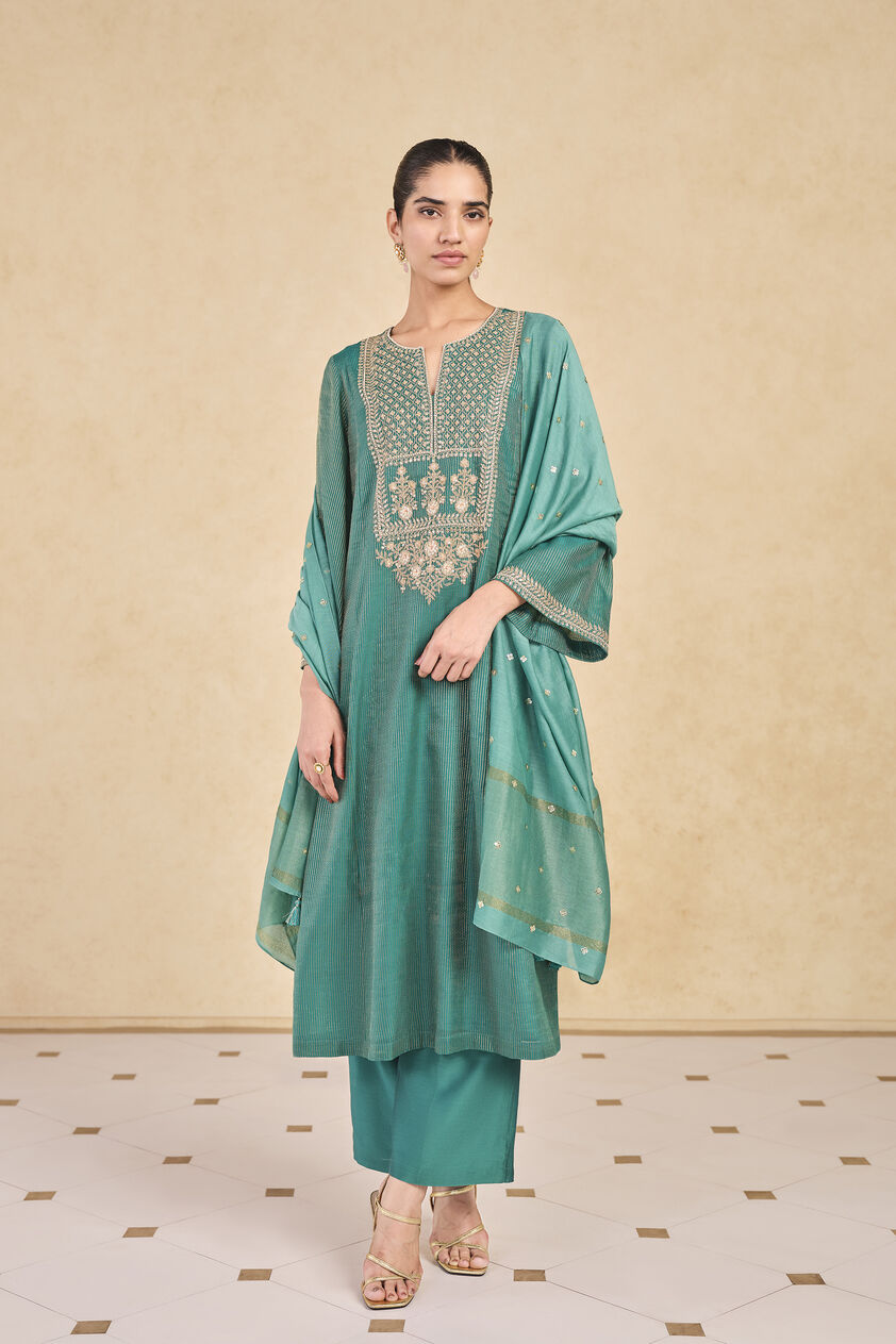 Ranjika Handwoven Maheshwari Suit Set - Green, Green, image 1